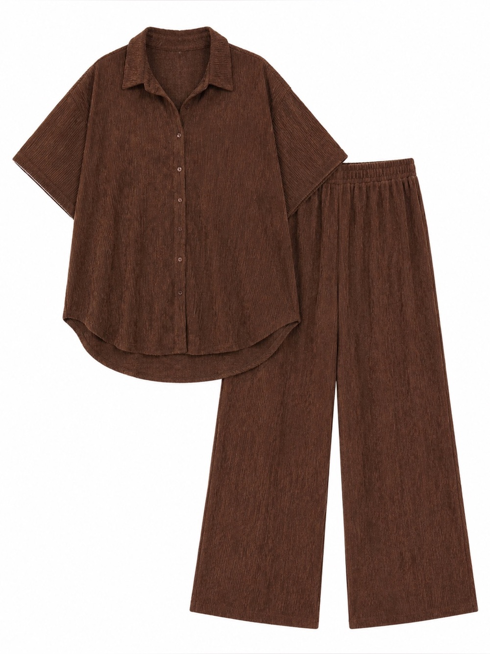 Plus-Size Relaxed Button-Down Shirt & Wide Leg Pants Set - Brown Size 3X - Picture 2 of 5